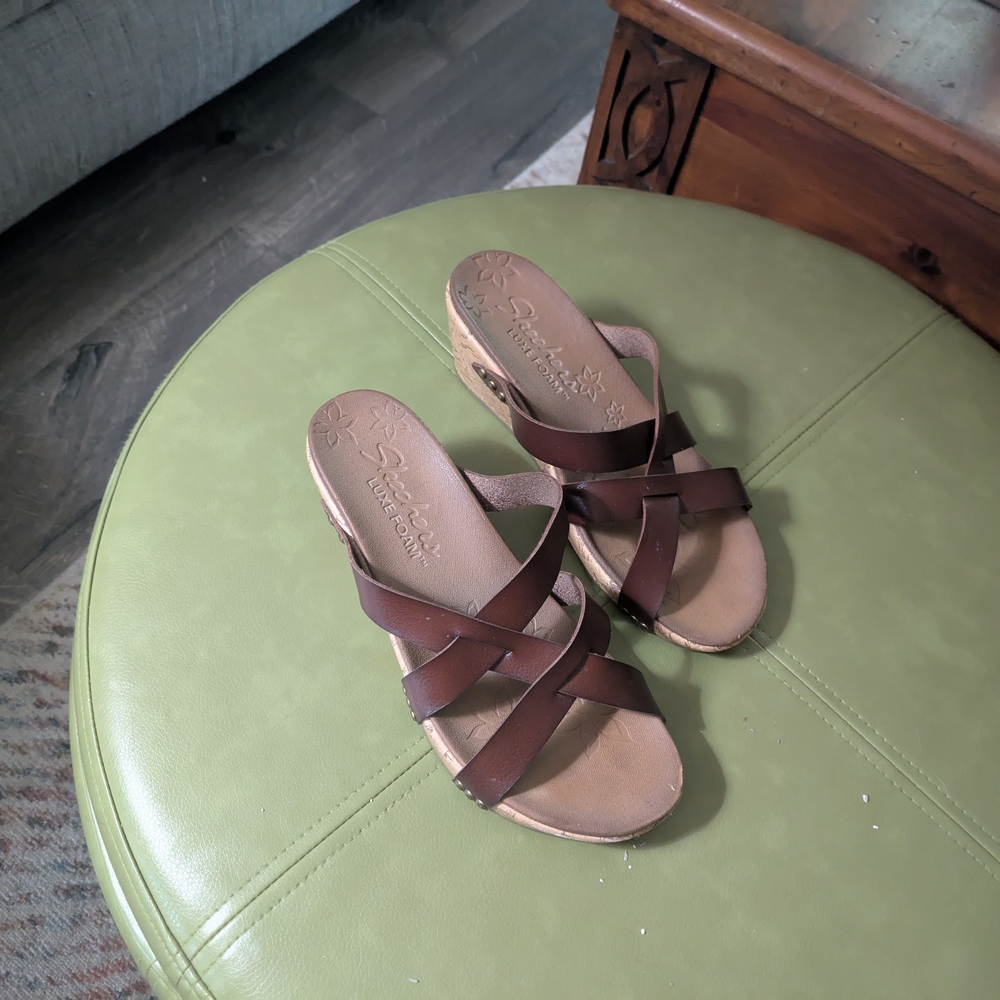 Skechers Brown Crisscross Wedge Sandals with Open Toe
